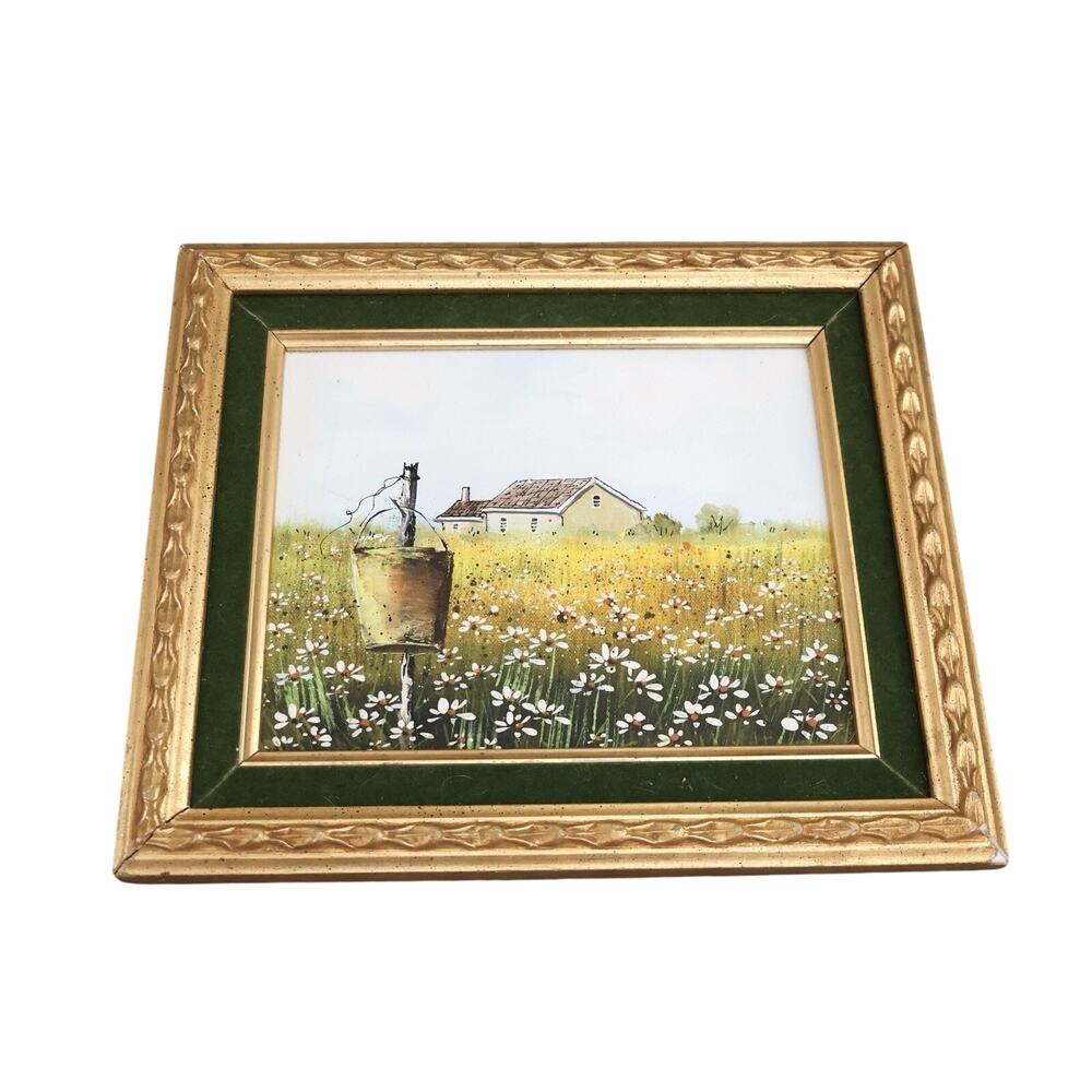 Vintage Daisy Flowers Farmhouse Country Yellow Green Painting Ornate Gold Frame